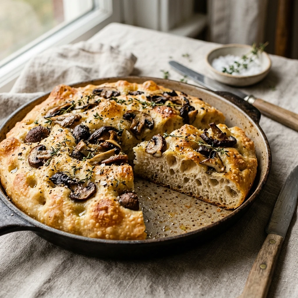 No Knead Sourdough Focaccia With Mushrooms And Thyme Bubbly