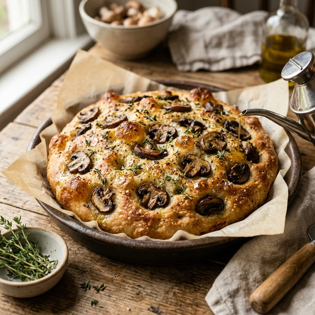No Knead Sourdough Focaccia With Mushrooms And Thyme Bubbly