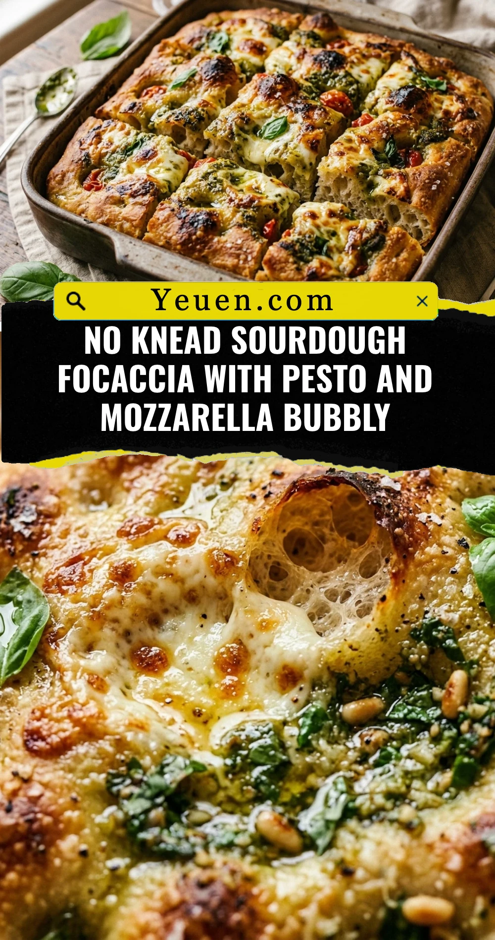 No Knead Sourdough Focaccia With Pesto And Mozzarella Bubbly