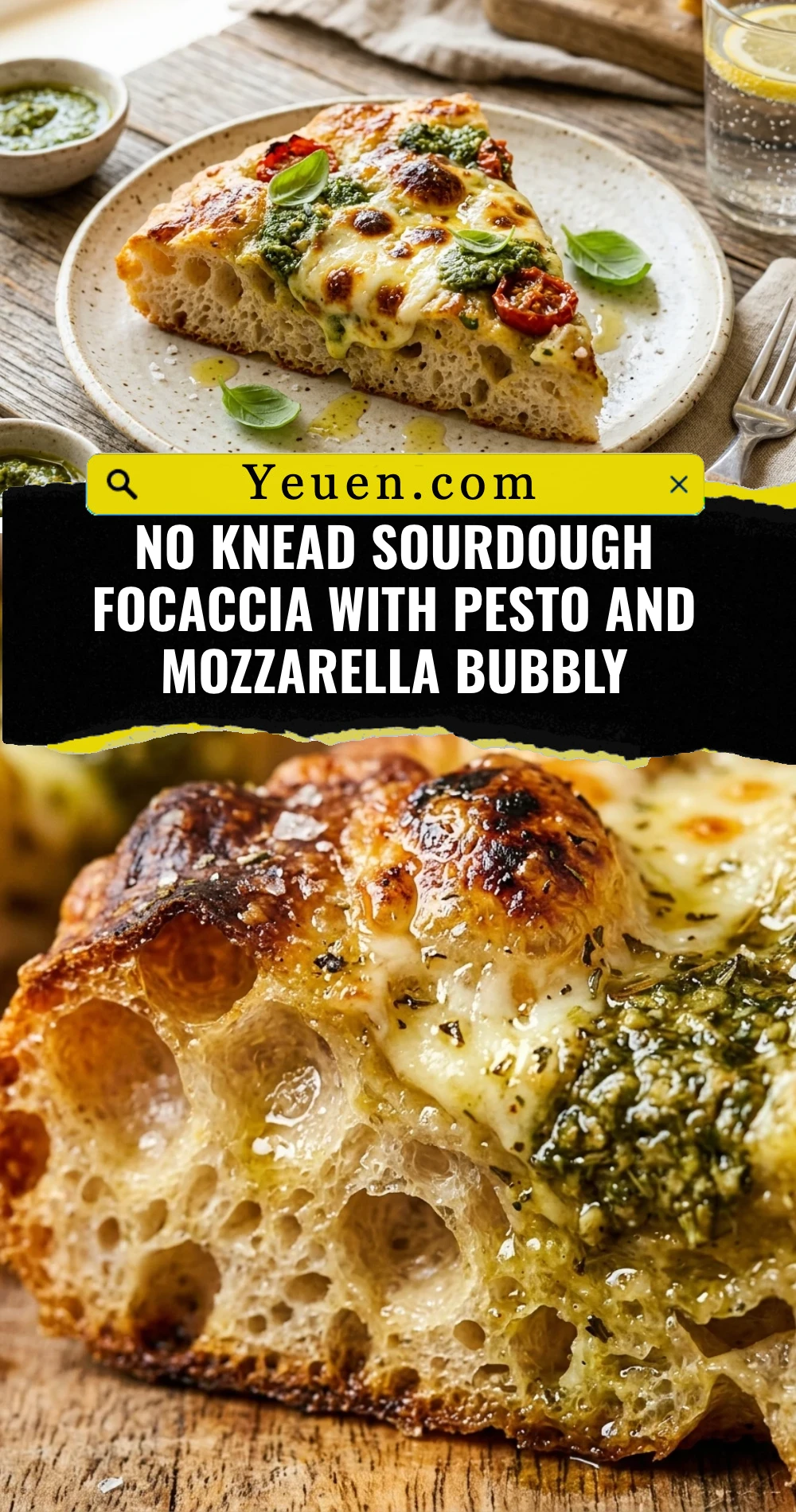 No Knead Sourdough Focaccia With Pesto And Mozzarella Bubbly