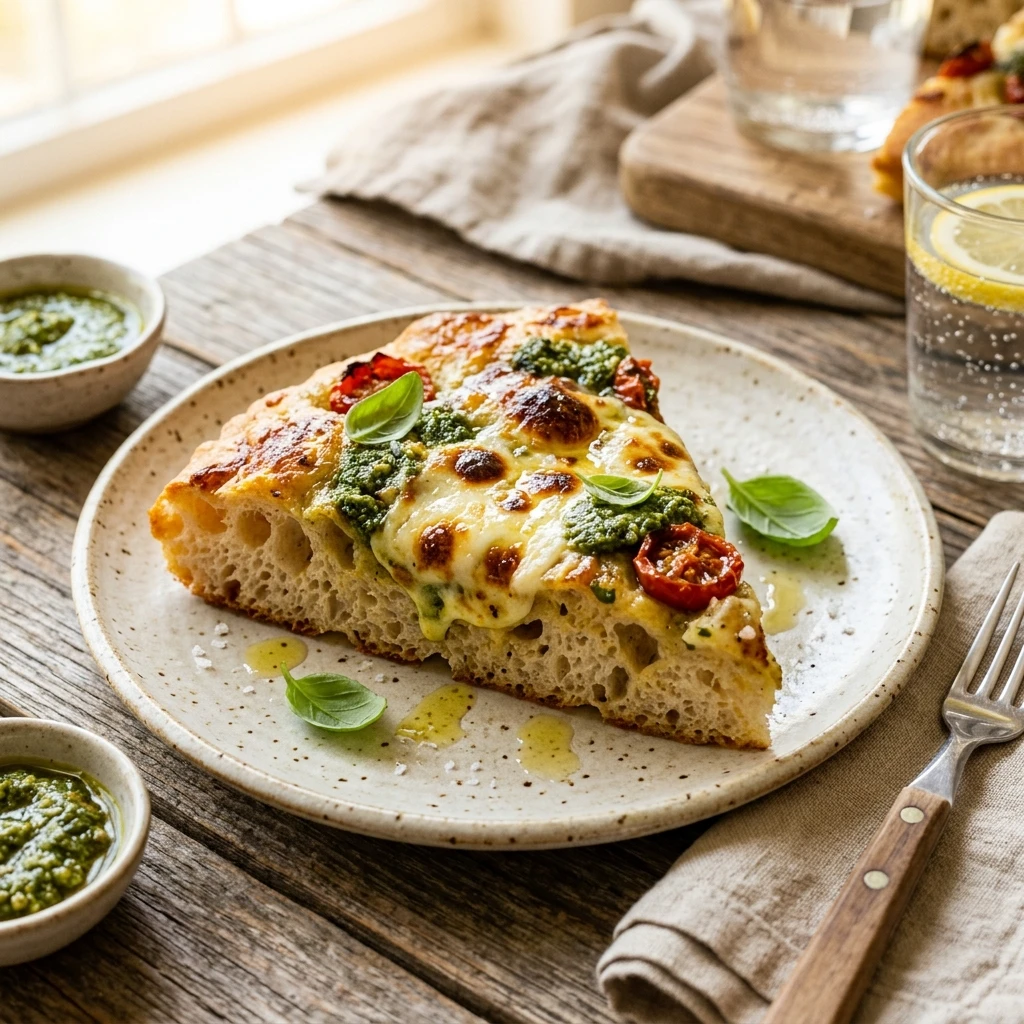No Knead Sourdough Focaccia With Pesto And Mozzarella Bubbly