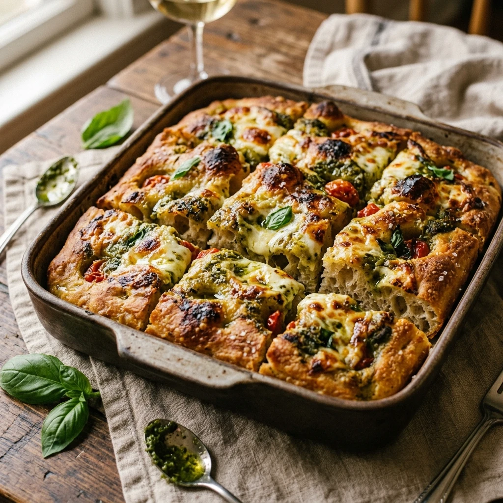 No Knead Sourdough Focaccia With Pesto And Mozzarella Bubbly