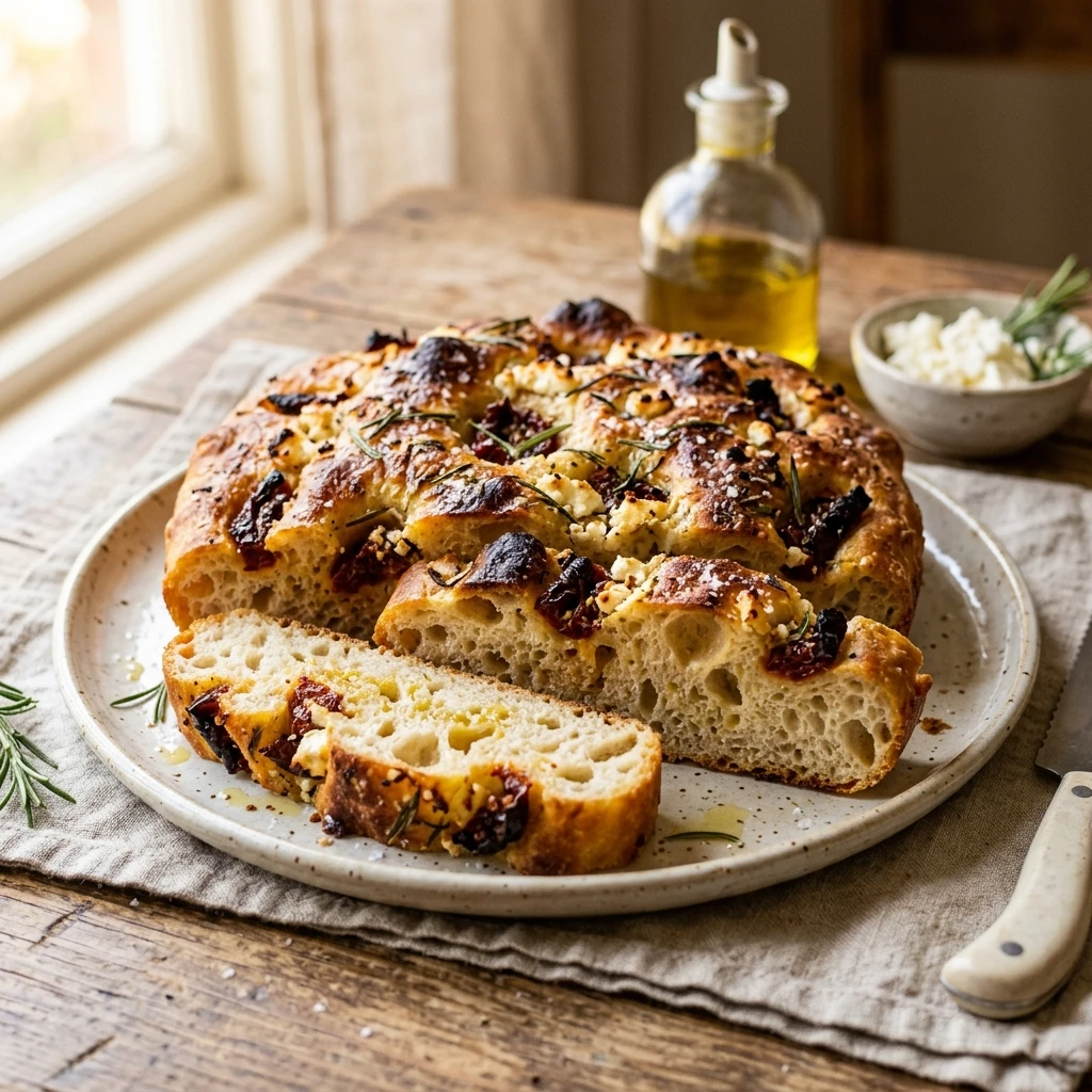 No Knead Sourdough Focaccia With Sun Dried Tomatoes And Feta
