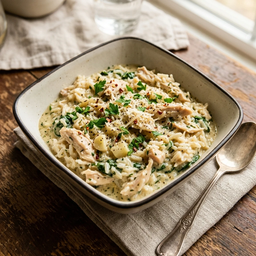 No Prep Dump And Walk High Protein Creamy Garlic Chicken And Rice Under $20 Feeds 8