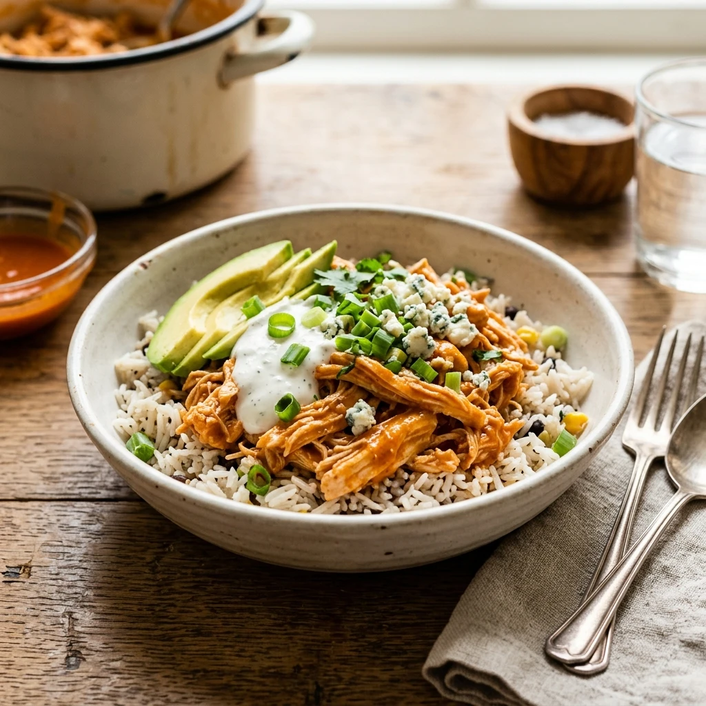 No Prep High Protein Buffalo Chicken And Rice Bowls Crockpot Under $20 Feeds 8