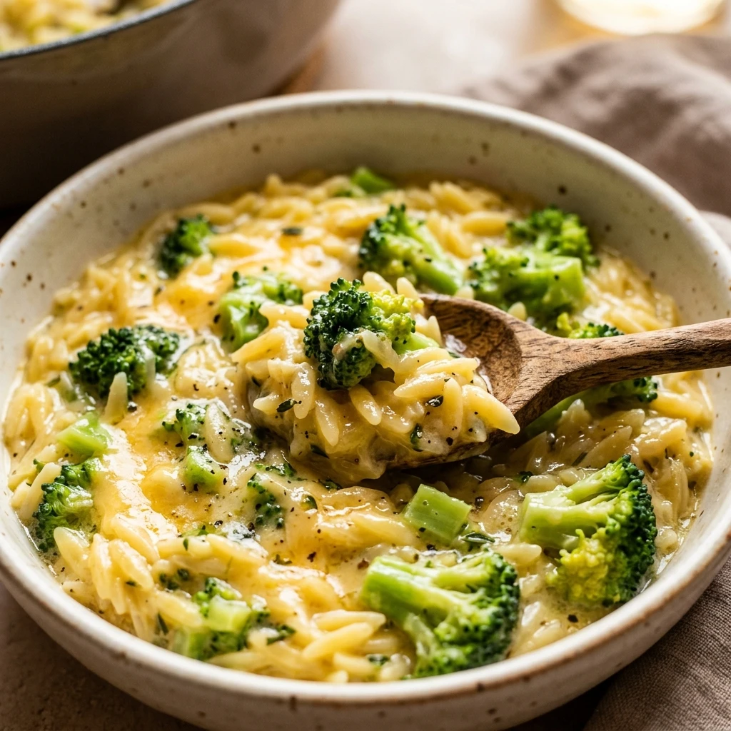 One Pot Broccoli Cheddar Orzo