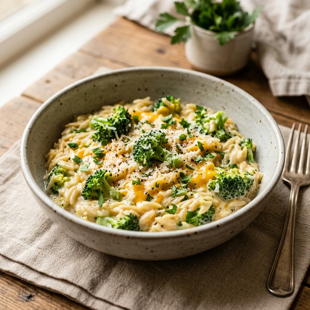 One Pot Broccoli Cheddar Orzo