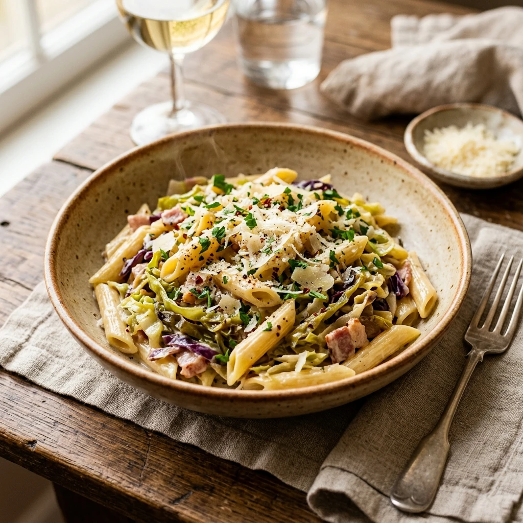 One Pot Cabbage Pasta Creamy Alfredo