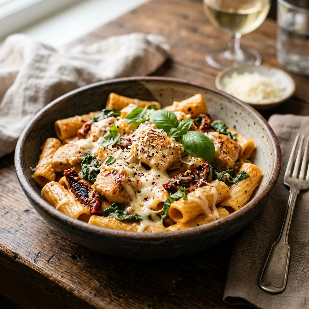 One Pot Creamy Sun Dried Tomato Chicken Pasta 20 Minute Cheesy Easy