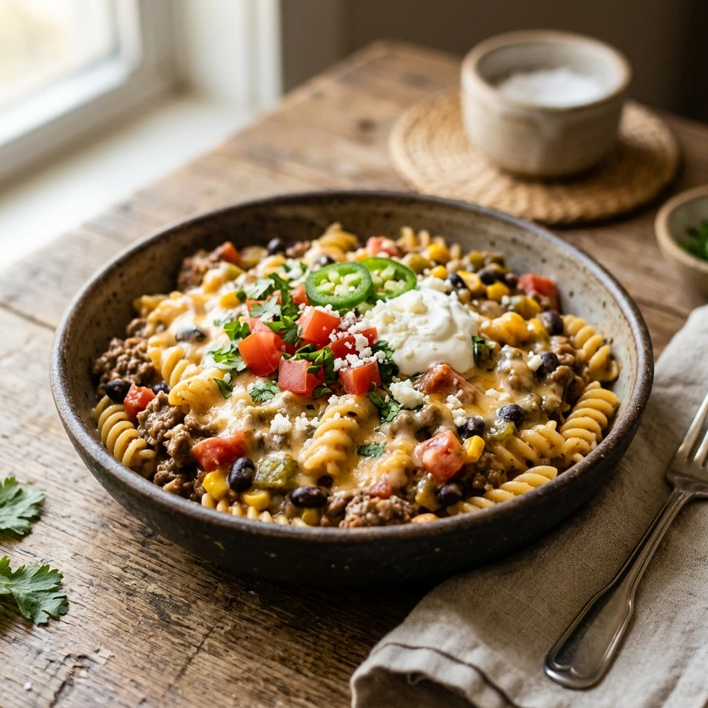 One-Pot Creamy Taco Noodles Ground Beef Cheesy