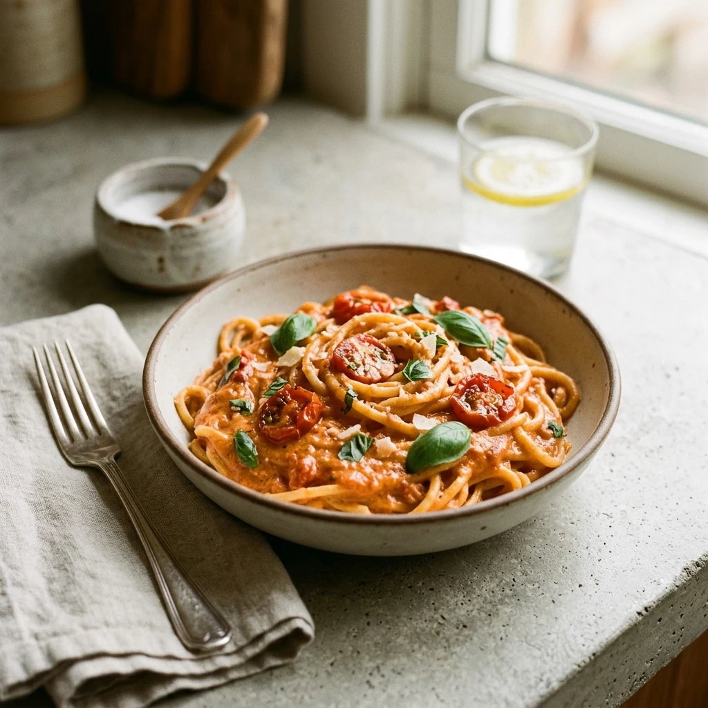 One-Pot Creamy Tomato Basil Pasta No Drain