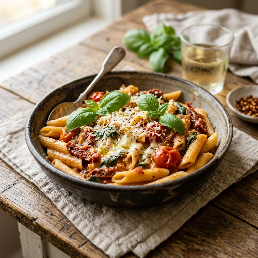 One-Pot Creamy Tomato Basil Pasta No Drain