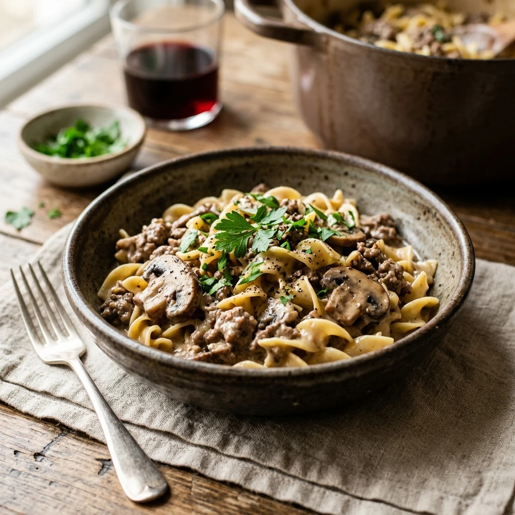 One-Pot Ground Beef And Mushroom Stroganoff Creamy