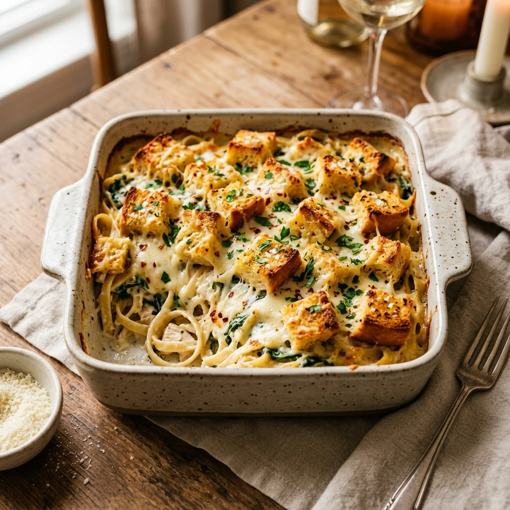 Pasta Alfredo Casserole Cheesy Baked Garlic Bread Top