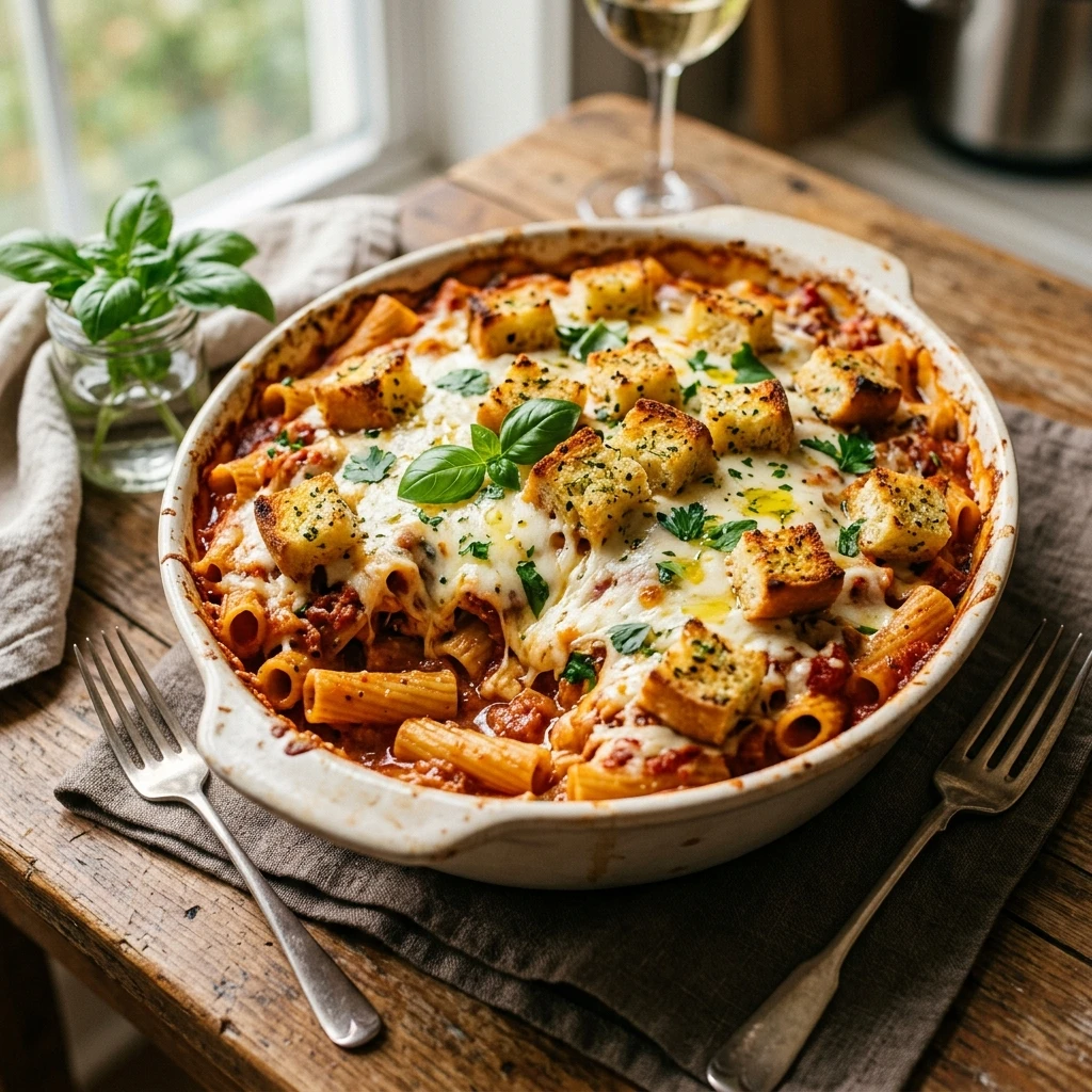 Pasta Bake Casserole Cheesy Garlic Bread Top Easy