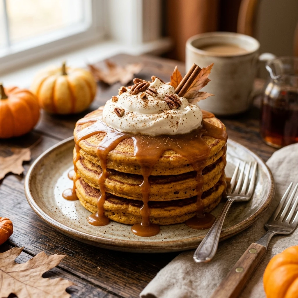 Pumpkin Pancakes With Caramel Sauce And Whipped Cream Fall