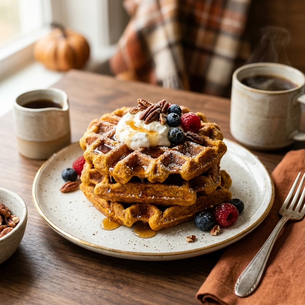 Pumpkin Waffles Crispy Fluffy Fall Breakfast Cozy Healthy Easy