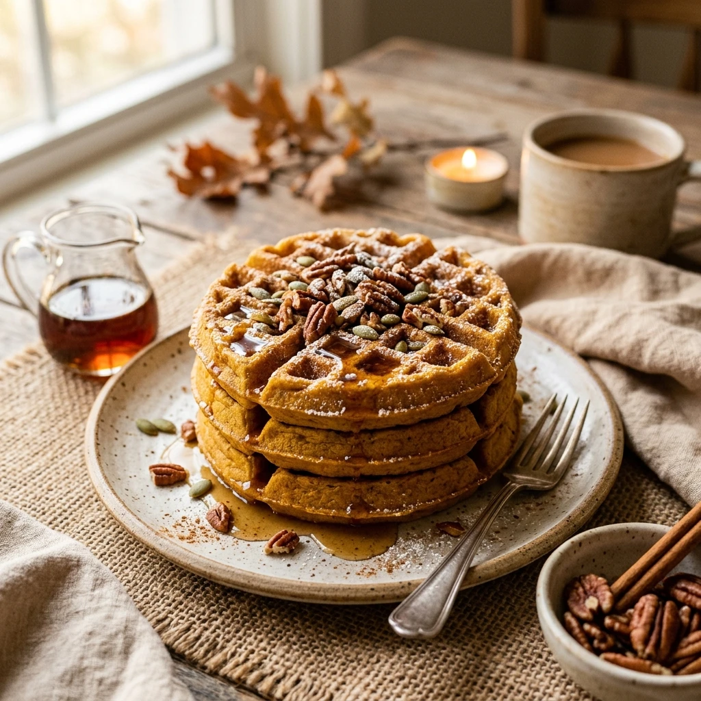 Pumpkin Waffles With Maple Syrup And Cinnamon Fall Morning