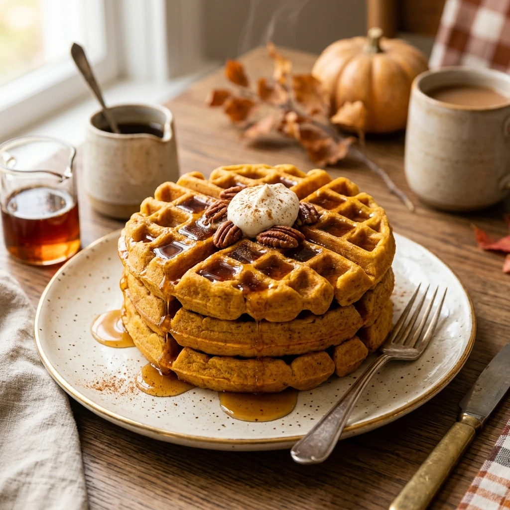 Pumpkin Waffles With Maple Syrup Fall