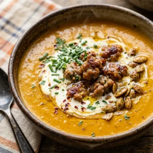Savory Pumpkin Soup With Sausage Creamy Fall Cozy Dinner Crockpot Easy