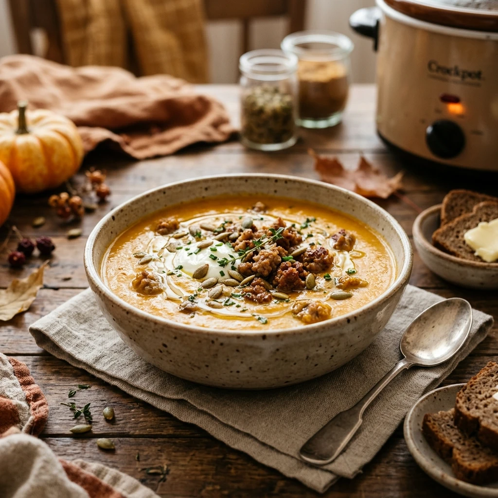 Savory Pumpkin Soup With Sausage Creamy Fall Cozy Dinner Crockpot Easy