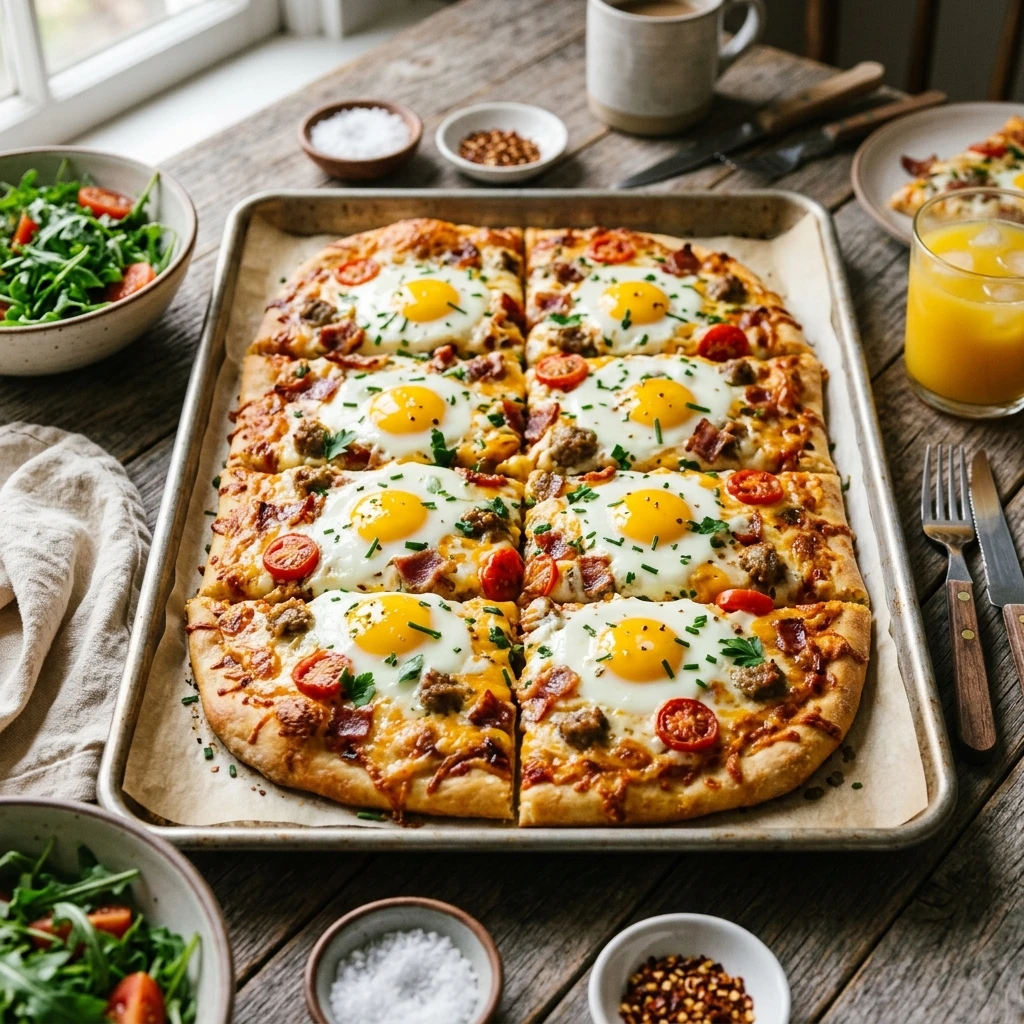 Sheet Pan Breakfast Pizza Eggs Cheese Feeds 8 Brunch