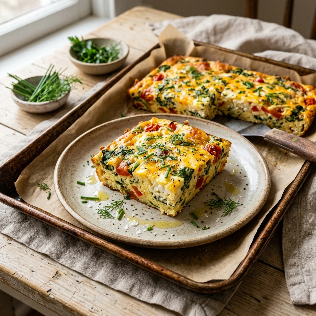 Sheet Pan High Protein Egg Bake Cottage Cheese 20g Feeds 8
