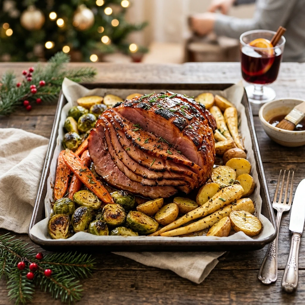 Sheet Pan Honey Glazed Ham And Veggies Easy Christmas Cozy Family