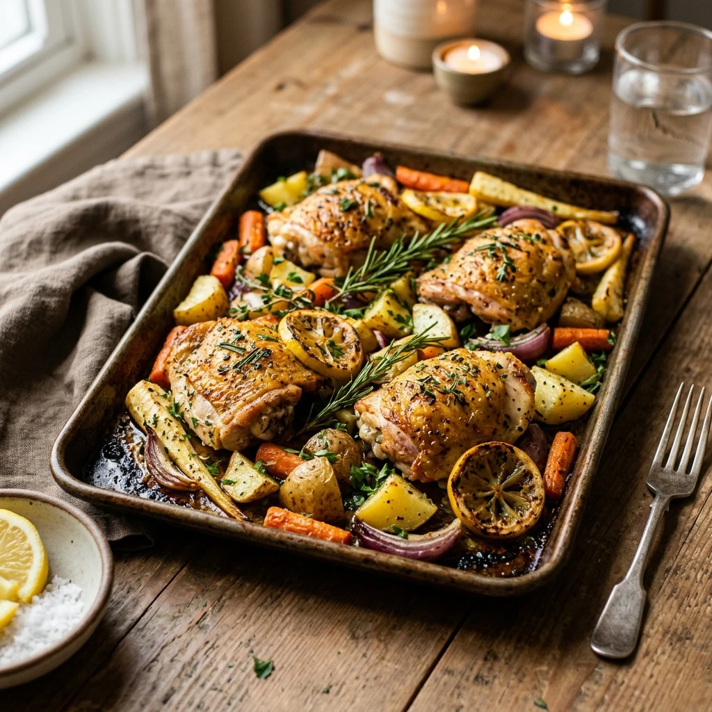 Sheet Pan Lemon Herb Chicken Winter Potatoes Easy One Pan Cozy Family