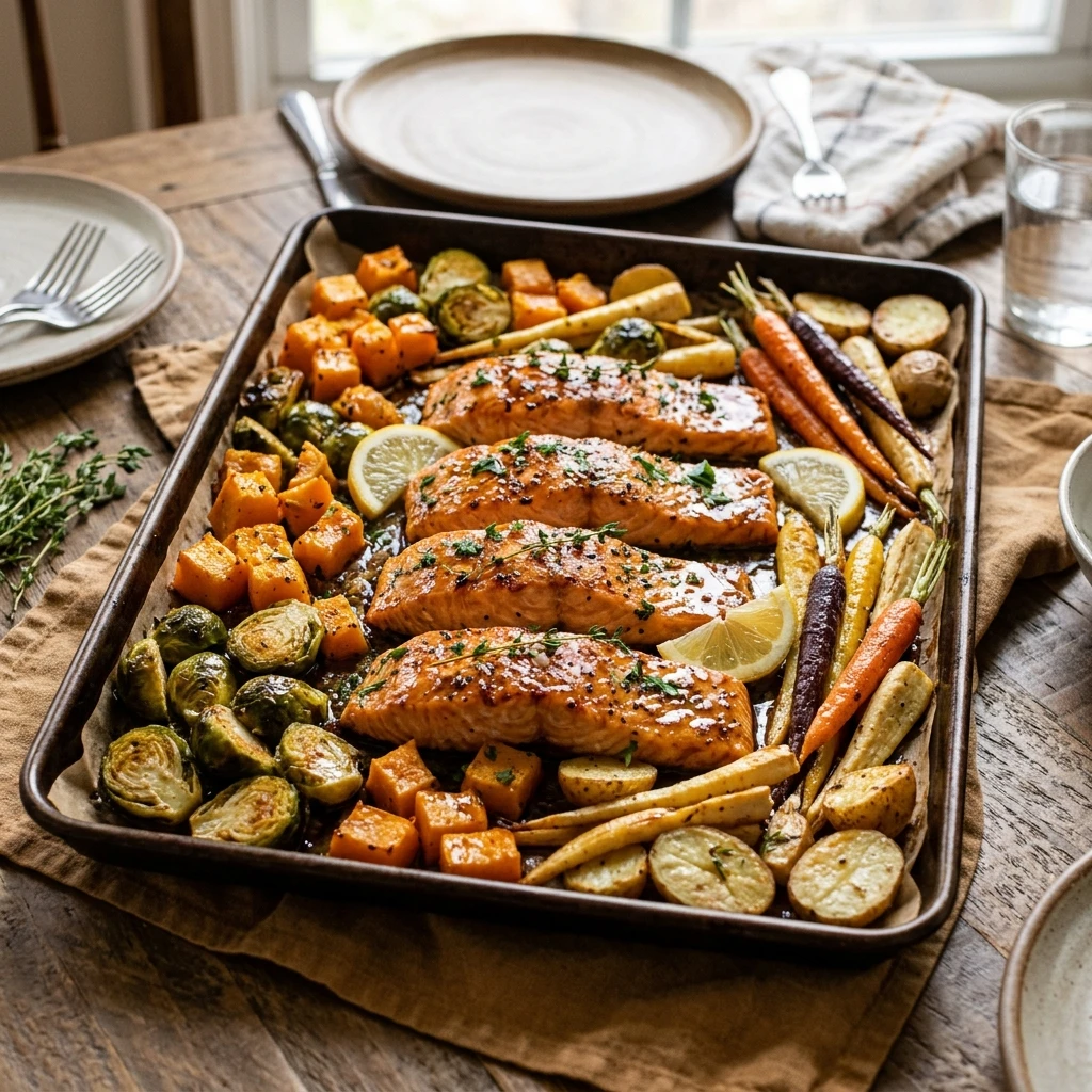 Sheet Pan Maple Glazed Salmon Winter Veggies Easy One Pan Cozy Family