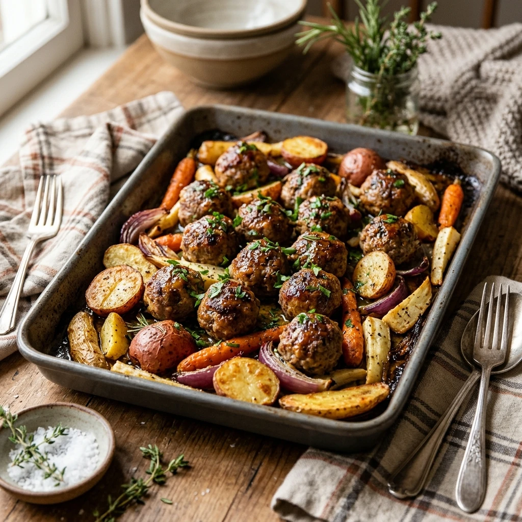 Sheet Pan Meatballs Winter Potatoes Easy One Pan Family Cozy Budget