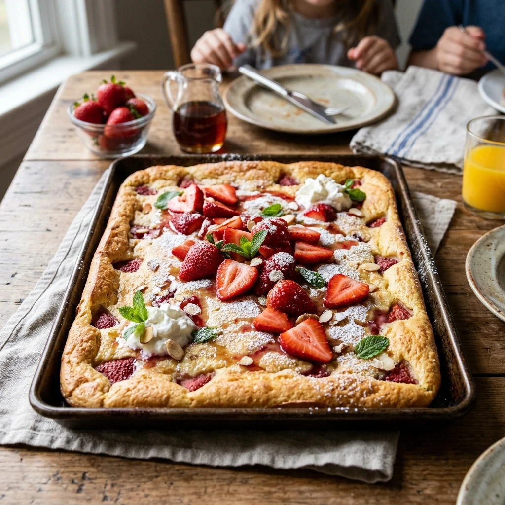 Sheet Pan Strawberry Pancakes Family Brunch Easy Fluffy Golden