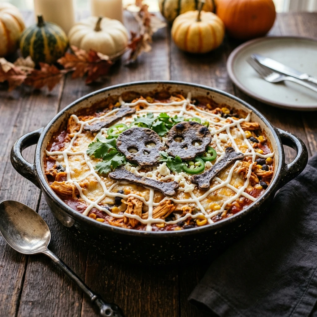 Spooky Chicken Enchilada Casserole - Make Ahead