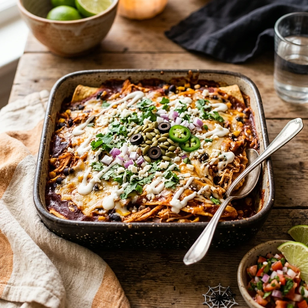 Spooky Chicken Enchilada Casserole - Make Ahead