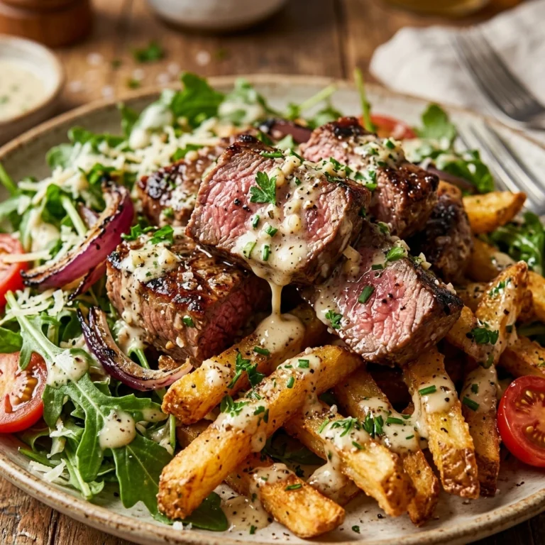 Steak And Fries Salad Loaded Dripping In Garlic Dressing