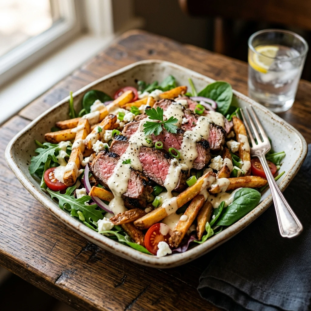 Steak And Fries Salad Loaded Dripping In Garlic Dressing