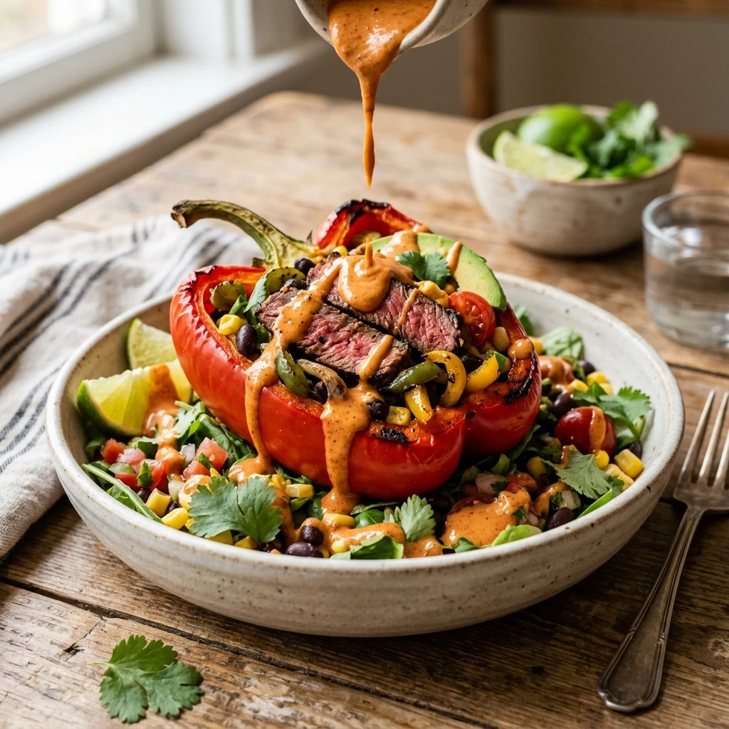 Steak Fajita Salad Loaded Peppers Dripping Chipotle Dressing
