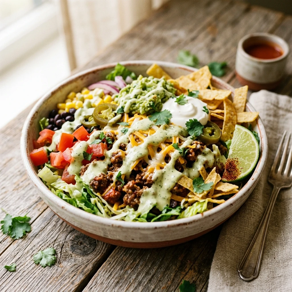 Taco Salad Loaded Ground Beef Cheesy Dripping Dressing