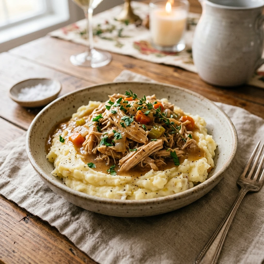 Thanksgiving Slow Cooker Chicken And Gravy Over Mashed Potatoes Under $20 Feeds A Crowd
