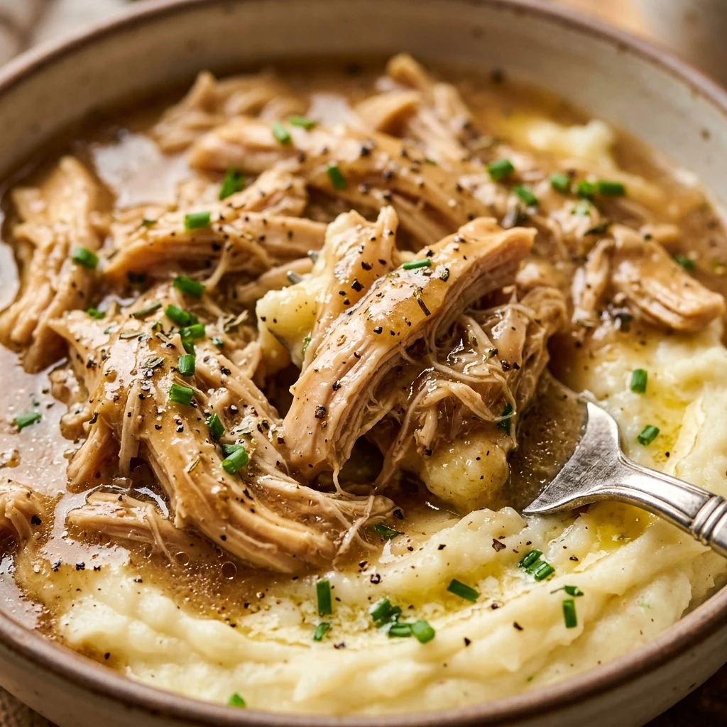 Thanksgiving Slow Cooker Chicken And Gravy Over Mashed Potatoes