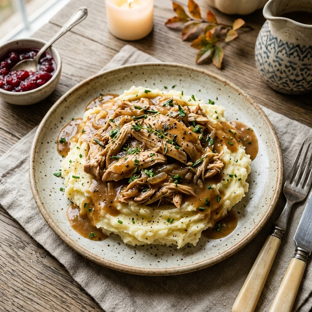 Thanksgiving Slow Cooker Chicken And Gravy Over Mashed Potatoes