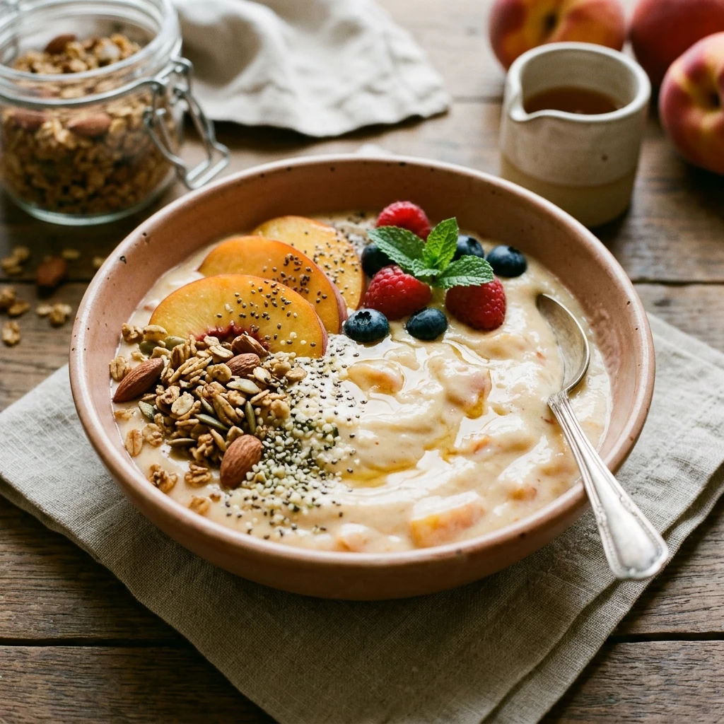 Thick Creamy Peach Bowl Healthy Easy High Protein Breakfast