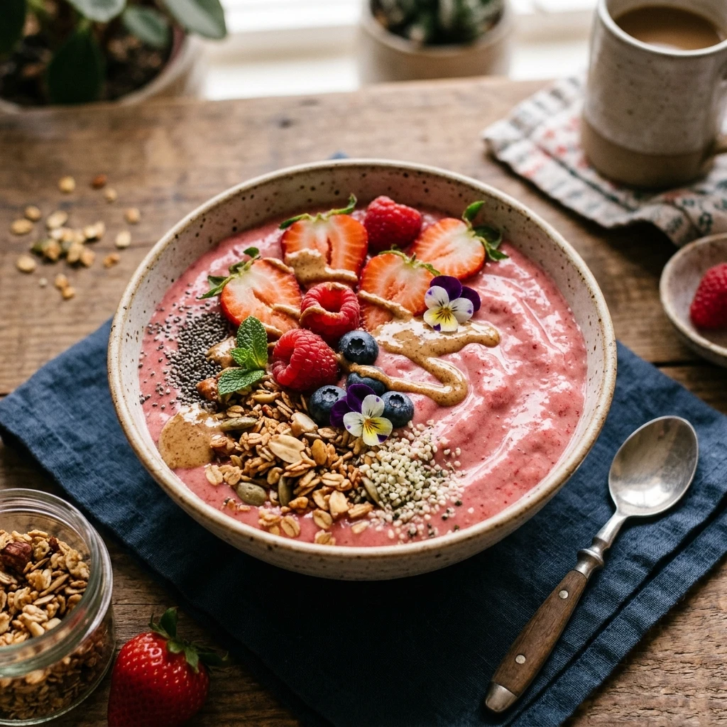 Thick Creamy Strawberry Bowl Healthy Easy High Protein Breakfast