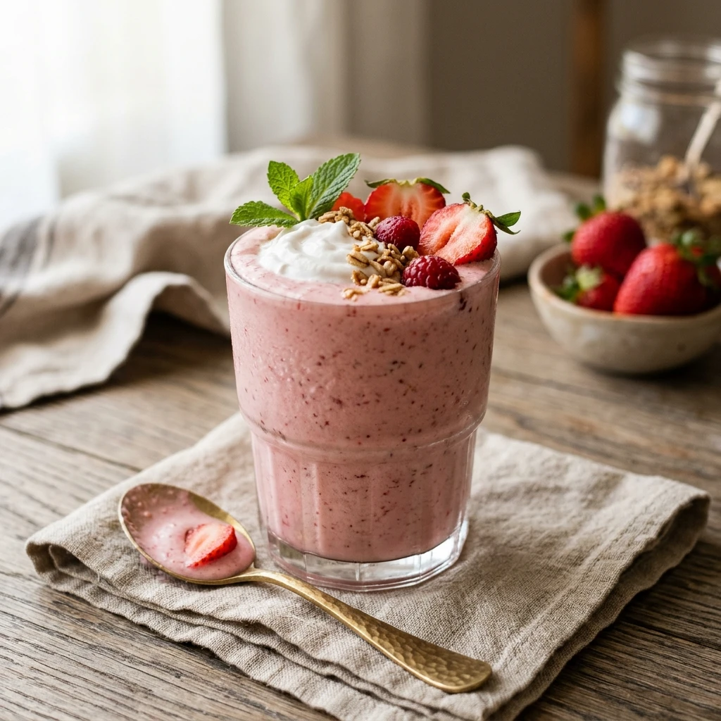 Thick Creamy Strawberry Protein Shake 20g+ Easy No Powder Taste Homemade