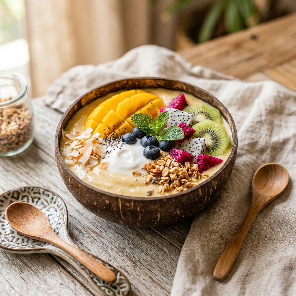 Tropical Coconut Bowl Smoothie Viral Colorful Thick Creamy