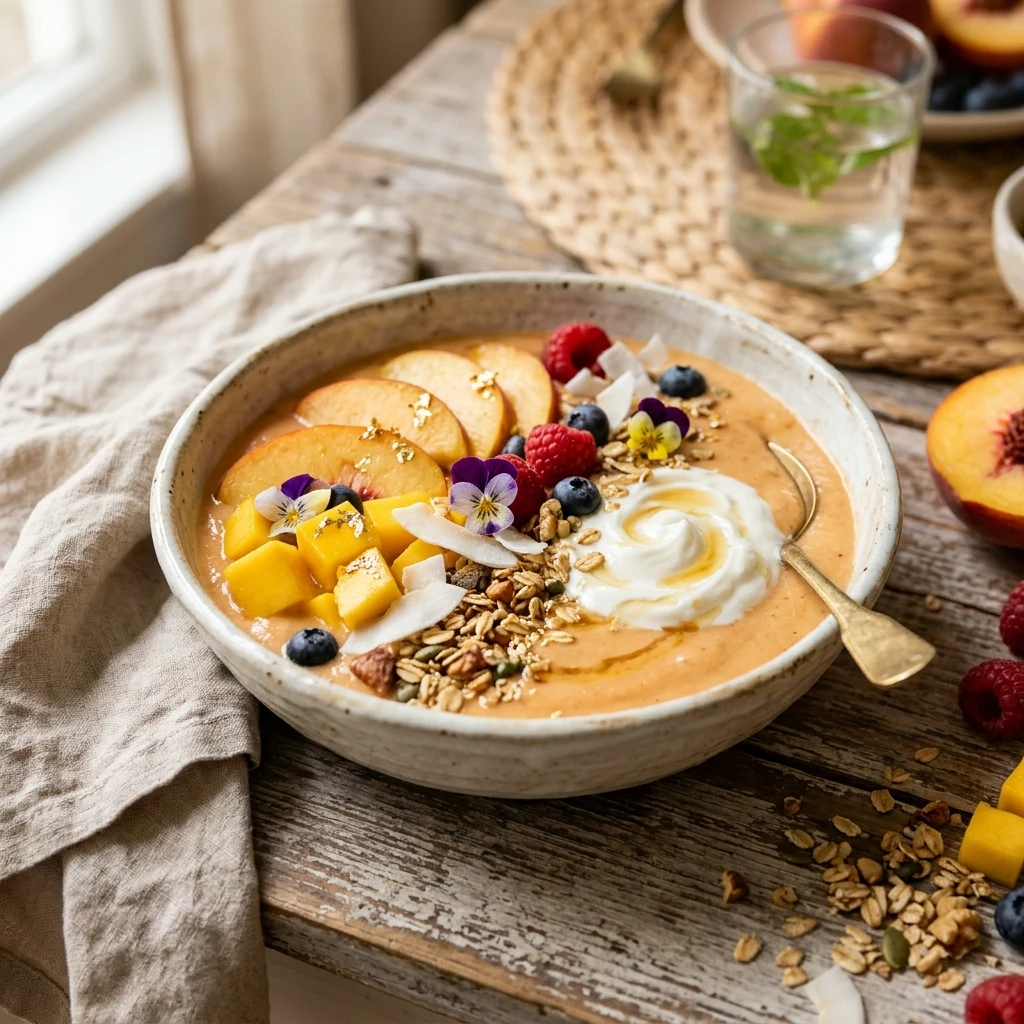 Tropical Peach Bowl Smoothie Viral Colorful Thick Creamy