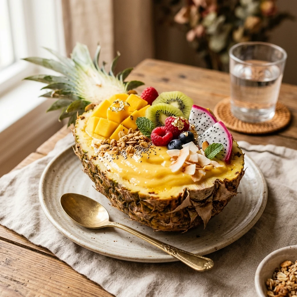 Tropical Pineapple Bowl Smoothie Viral Colorful Thick Creamy
