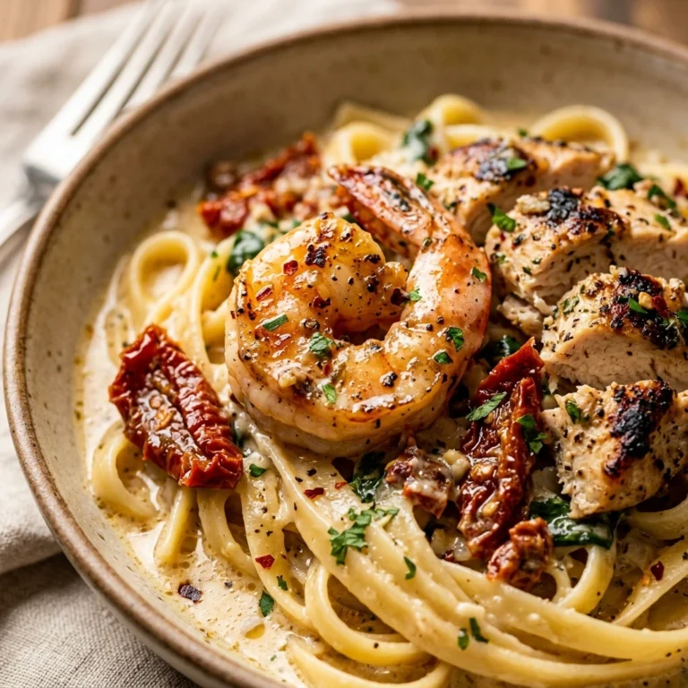 Tuscan Chicken And Shrimp Pasta With Alfredo