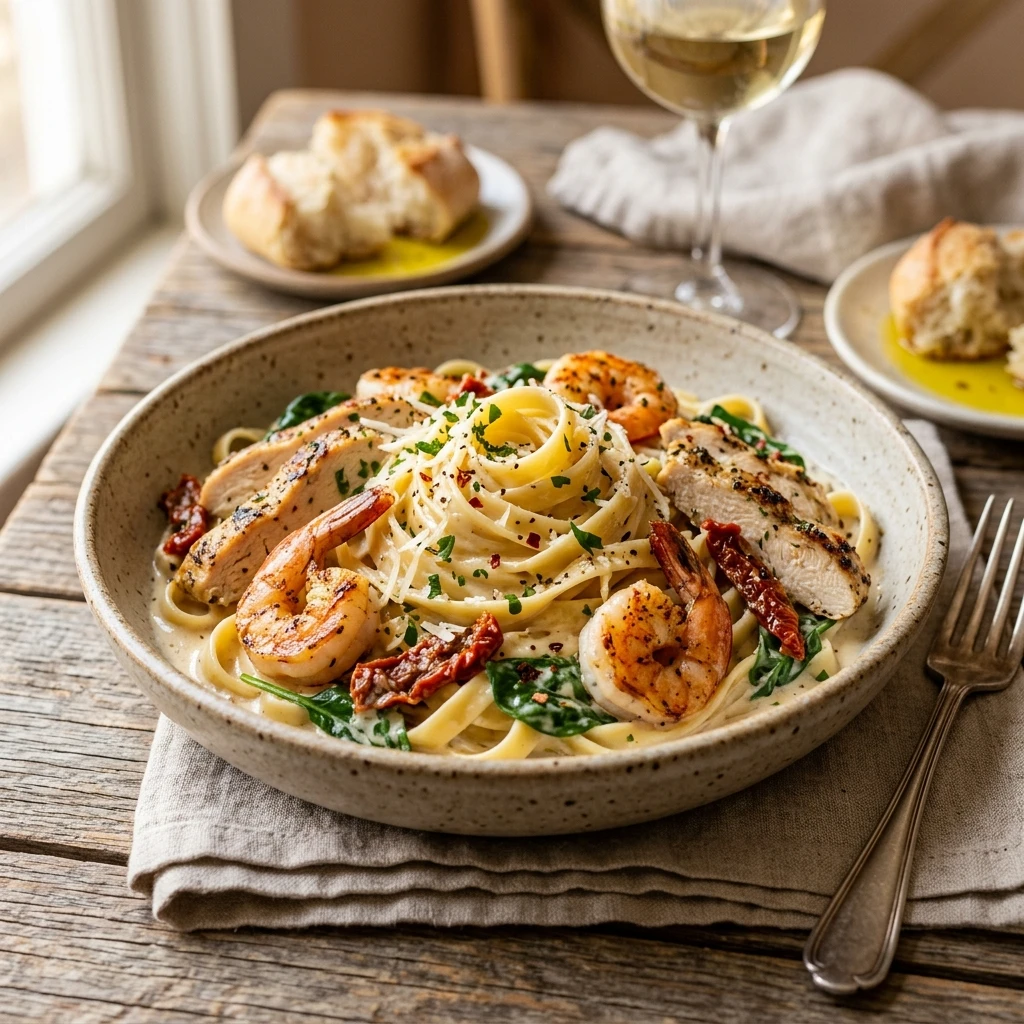 Tuscan Chicken And Shrimp Pasta With Alfredo