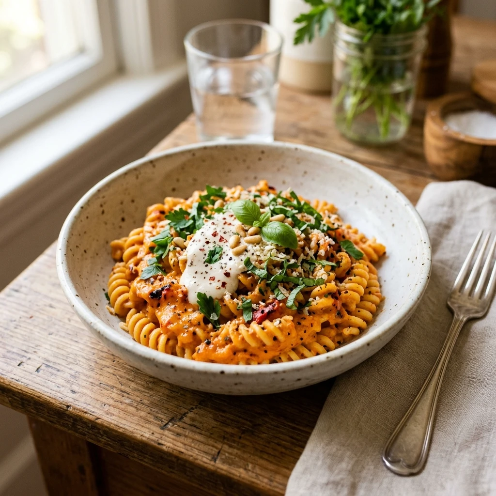 Vegan Roasted Red Pepper Pasta Creamy Easy Comfort Food Plant Based